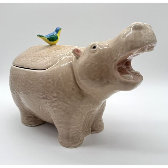 Vintage Hearth & Home Hippo Hippopotamus Cookie Jar Mexican Pottery Chipped - Picture 2 of 9